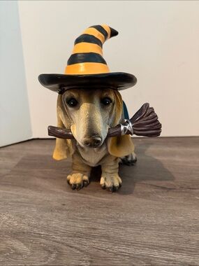 Adorable Halloween Basset Hound with Hat and Broom- NWT